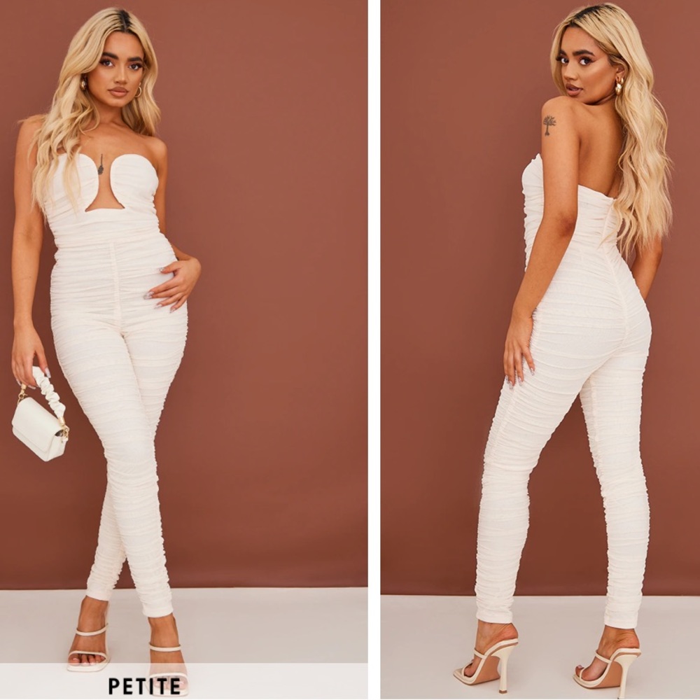 PLT Petite Cream Mesh Ruched Bandeau Cup Detail Jumpsuit